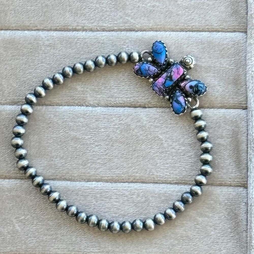 Southwestern Kingman Monarch Dahlia Butterfly Sterling Silver Pearl Bracelet